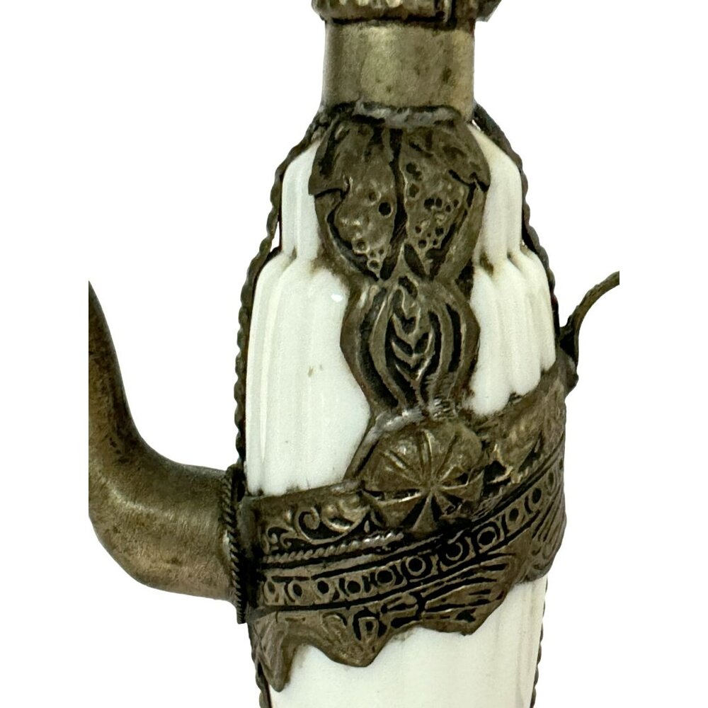 Vtg Middle Eastern White Fluted Ceramic Pot Metal Handle Lid Ornate Brass - Picture 4 of 9
